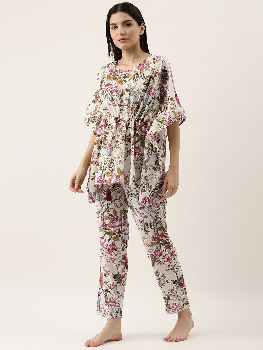 SANSKRUTIHOMES Women White & Pink Printed Night suit