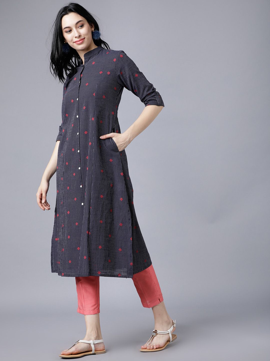 Vishudh Women Navy Blue Printed A-Line Kurta
