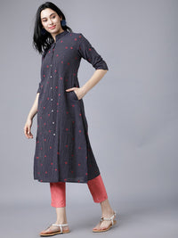 Vishudh Women Navy Blue Printed A-Line Kurta