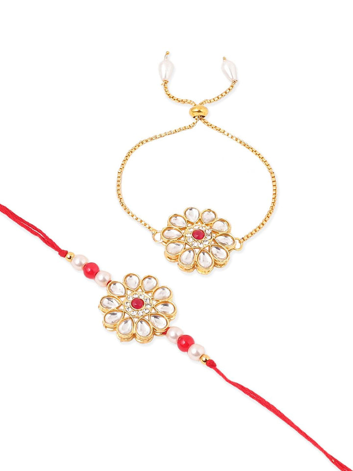 NVR Set of 2 Gold Toned Kundan Studded Bhaiya Bhabhi Rakhi Set with Roli Chawal