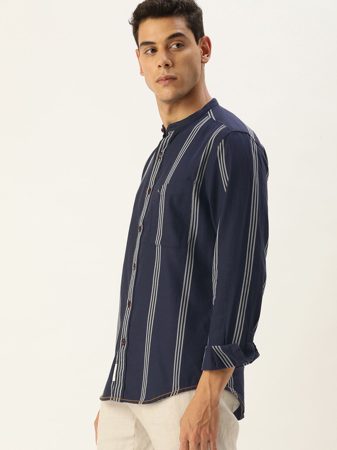 Mr Bowerbird Men Navy Blue Tailored Fit Striped Casual Shirt