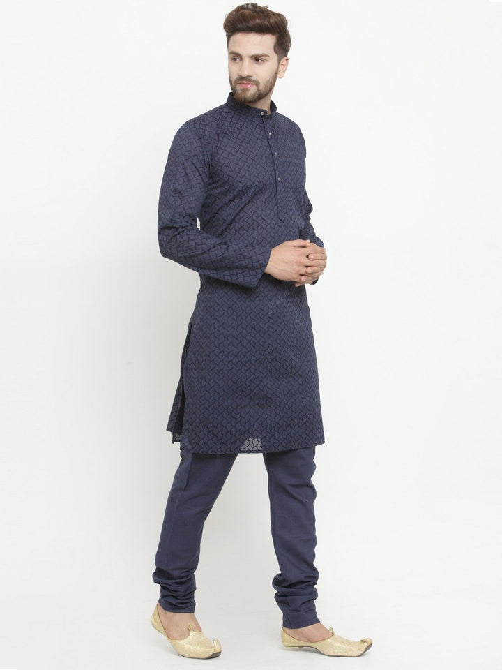 Jompers Men Navy Blue Embroidered  Kurta with Churidar