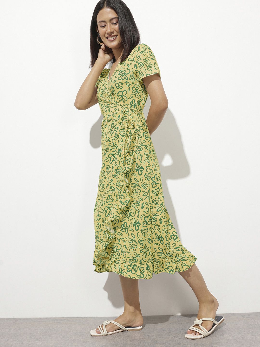 DressBerry Fresh & Playful Floral Canvas Ruffle Wrap Midi Dress