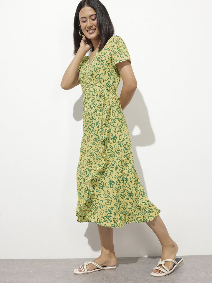 DressBerry Fresh & Playful Floral Canvas Ruffle Wrap Midi Dress