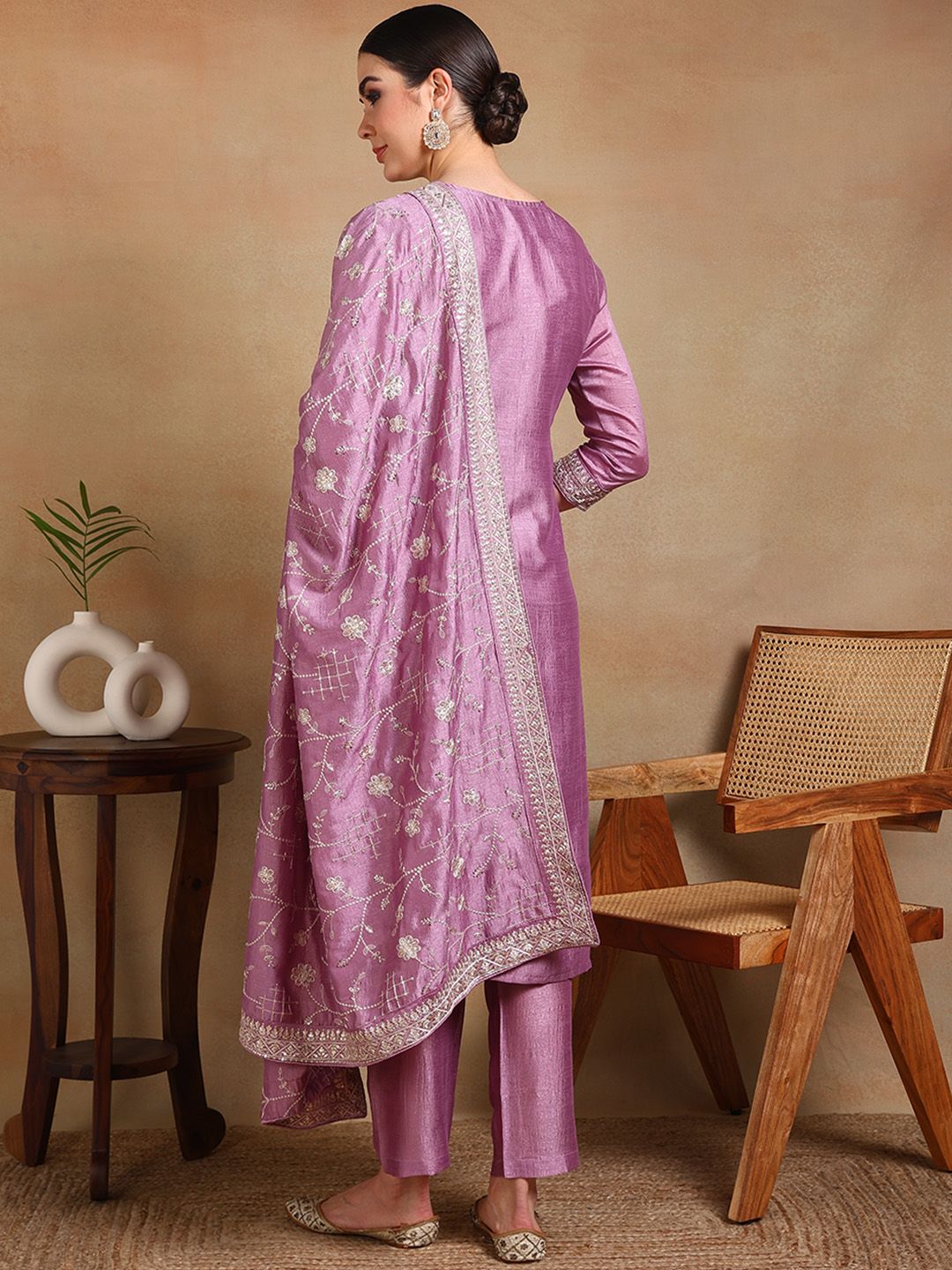 KALINI Floral Embroidered Sequinned Straight Kurta & Trousers With Dupatta