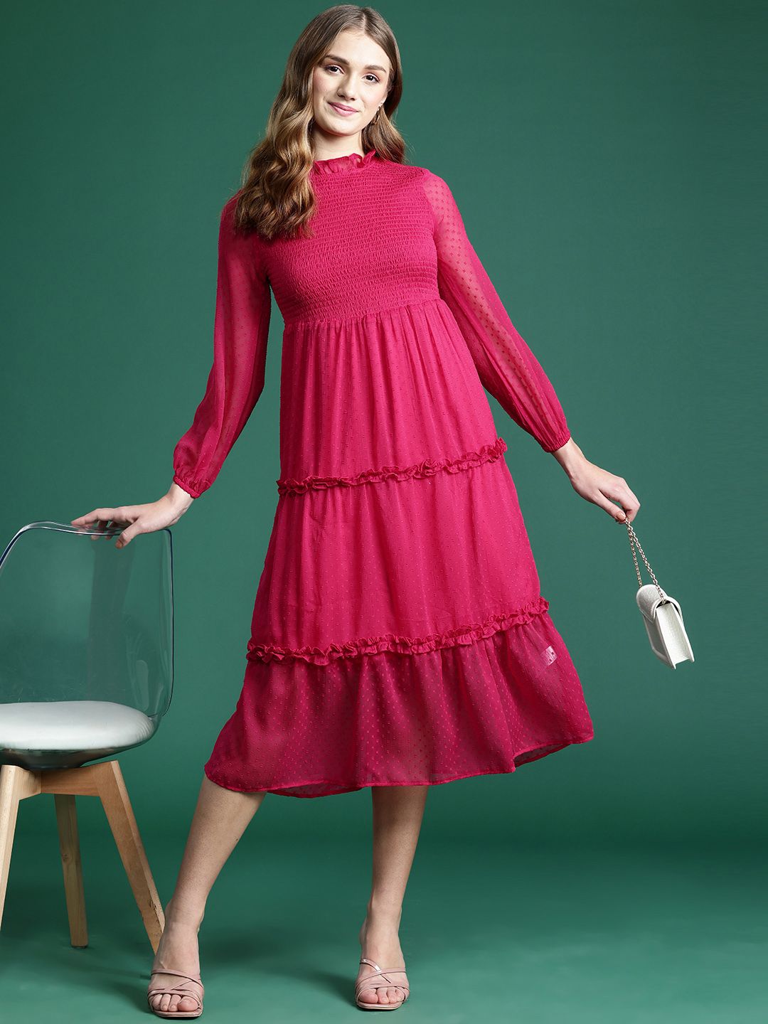 DressBerry Schiffli Smocked Tiered A-Line Midi Dress
