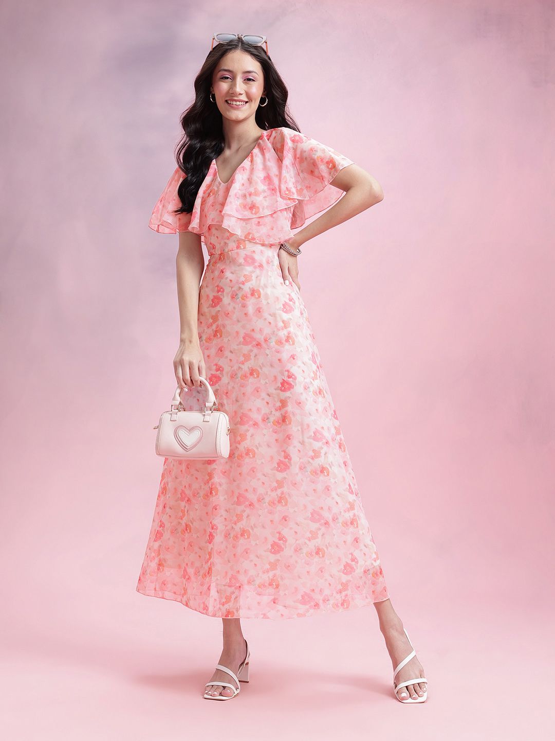 DressBerry Floral Print Flutter Sleeves Ruffled Detail Georgette Maxi A-Line Dress