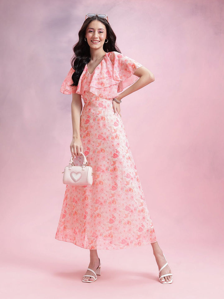 DressBerry Floral Print Flutter Sleeves Ruffled Detail Georgette Maxi A-Line Dress