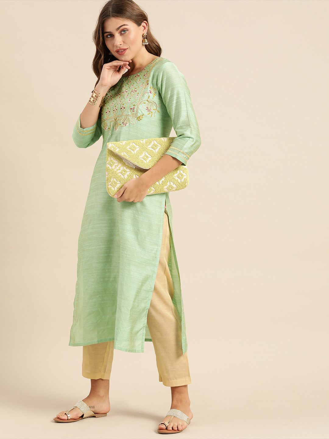 Varanga Women Sea Green Floral Embroidered Kurta