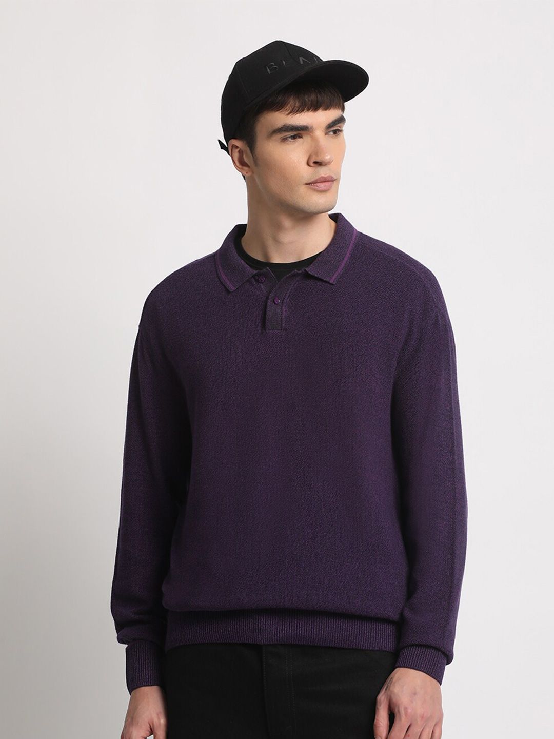 THE BEAR HOUSE Self Design Polo Collar Pure Cotton T-shirt
