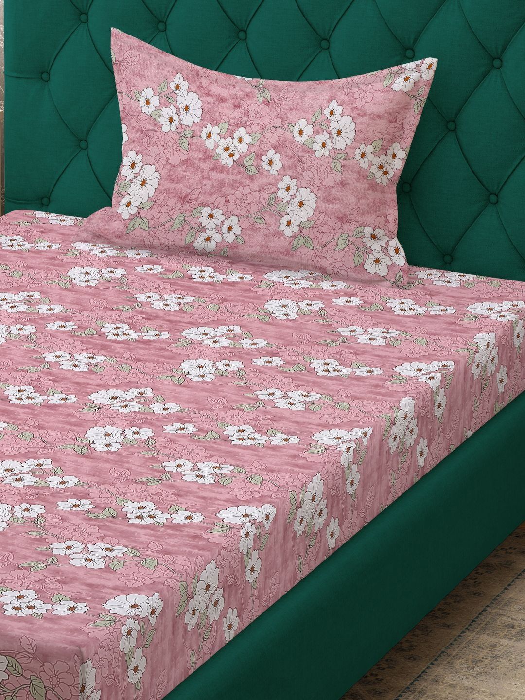 KLOTTHE Pink Printed Pure Cotton 400TC Single Fitted Bedsheet Set