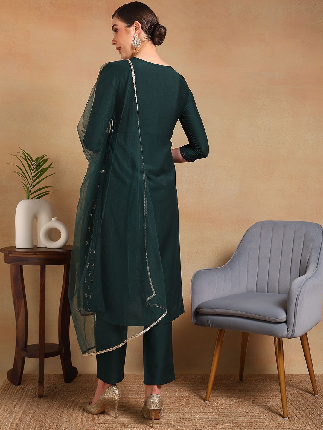 KALINI Ethnic Motifs Embroidered Empire Mirror Work Kurta with Trousers & Dupatta