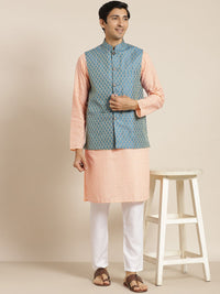 SOJANYA Lelaki Kurta Kapas Tulen Chikankari Warna Peach dengan Churidar & Nehrujacket