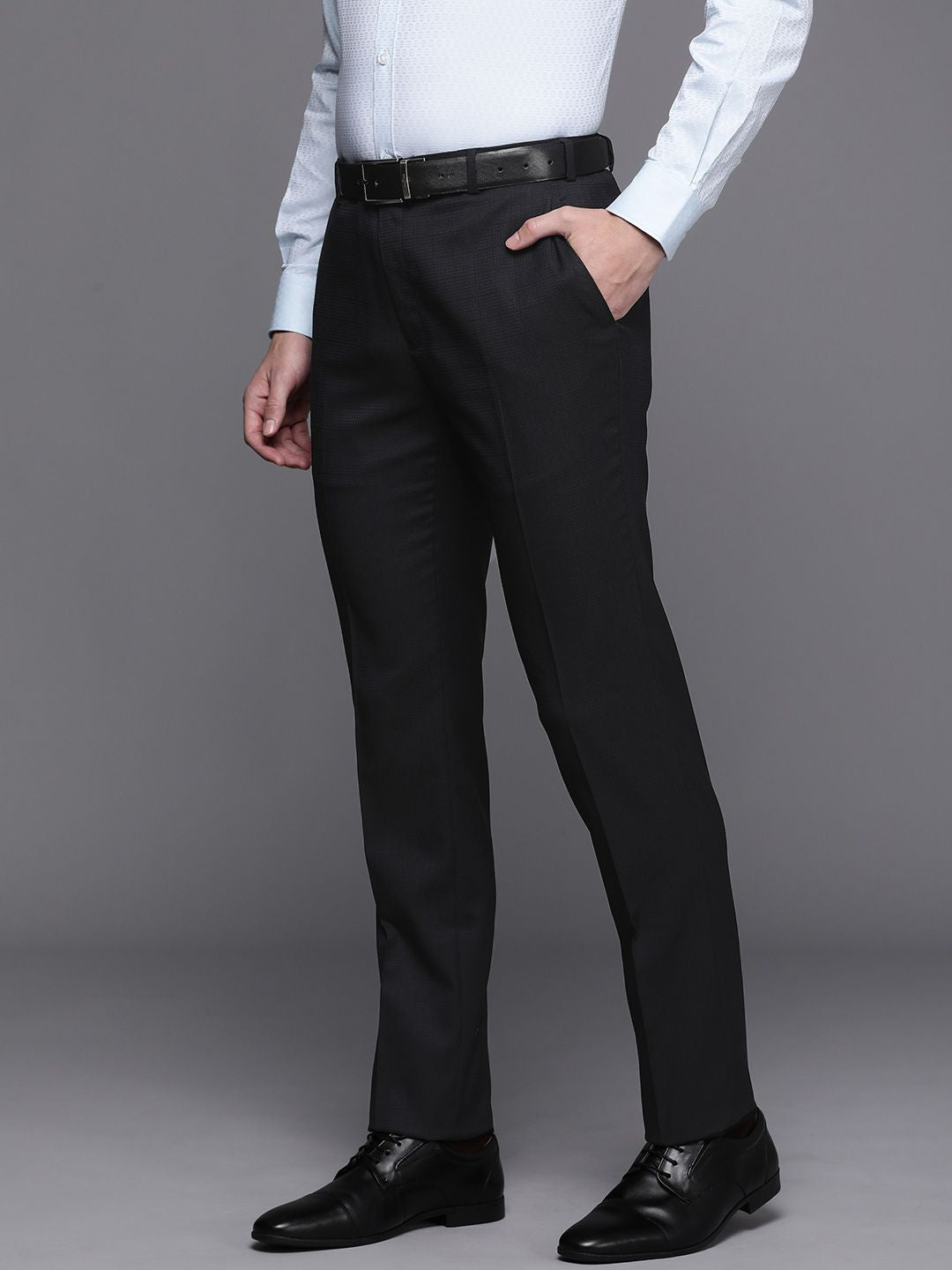 Raymond Men Mid-Rise Self Design Slim Fit Textured Formal Trousers