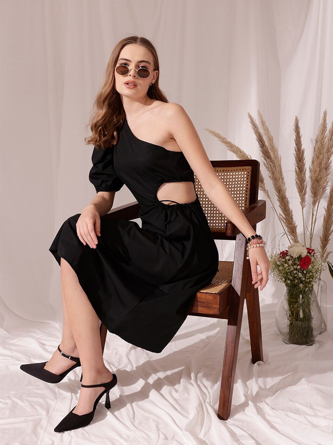 STREET 9 One Shoulder Puff Sleeves Cotton Fit & Flare Midi Dress