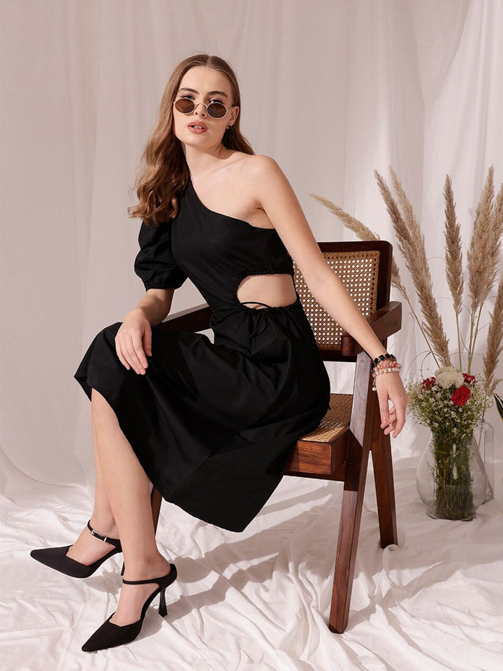 STREET 9 One Shoulder Puff Sleeves Cotton Fit & Flare Midi Dress