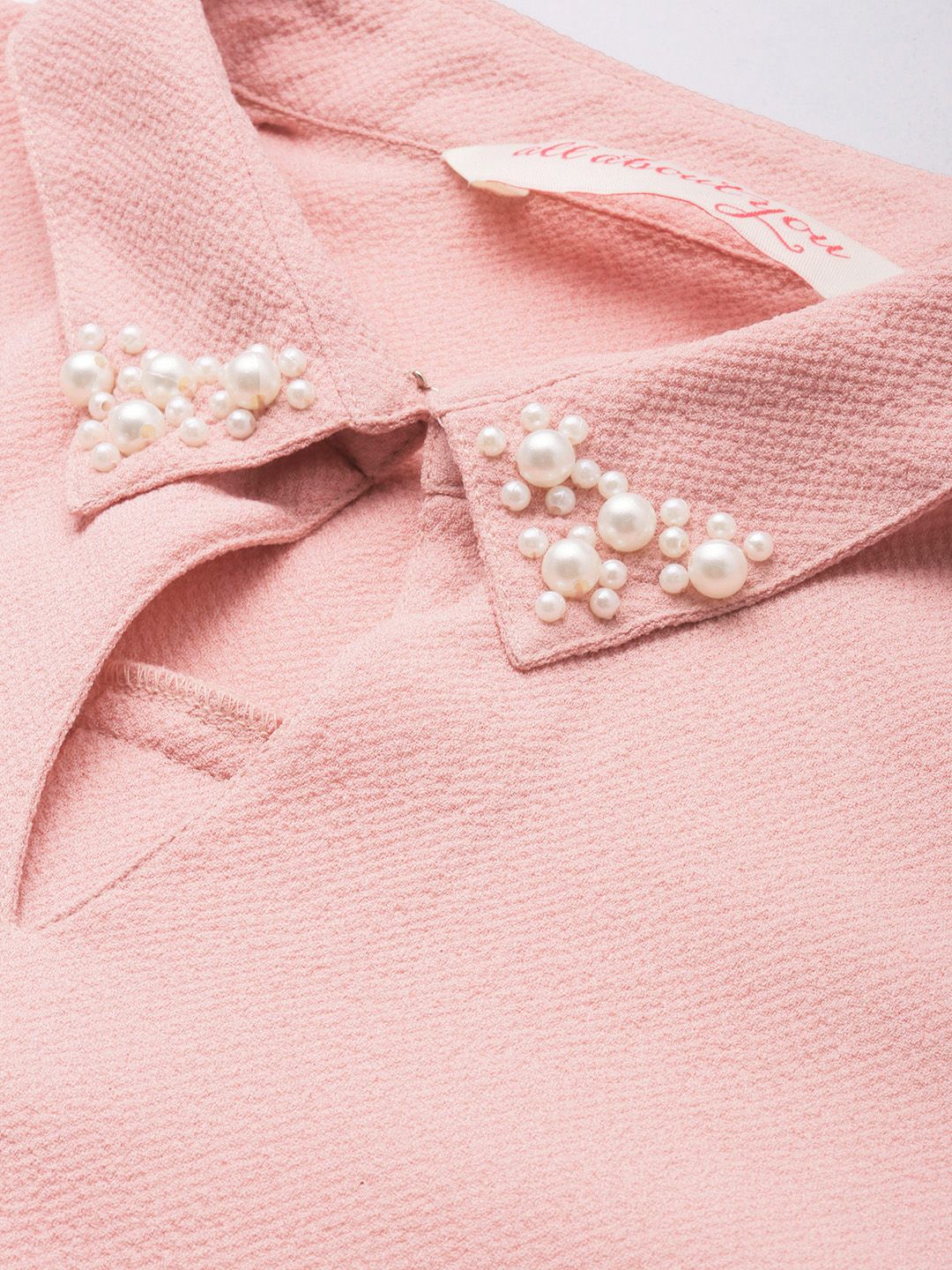 all about you Pink Shirt Collar Top with Beads Embellishment