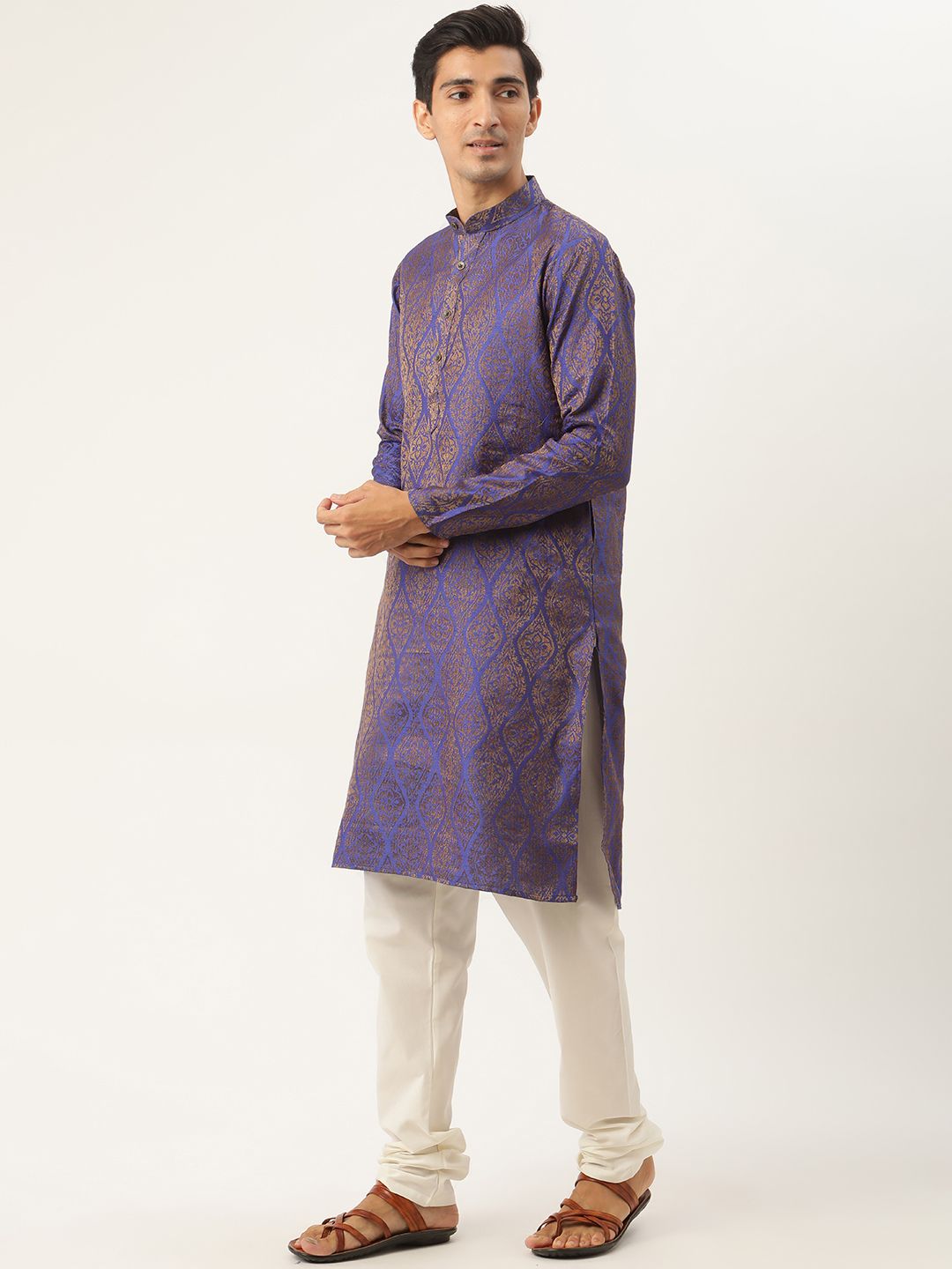 SOJANYA Men Purple Ethnic Motifs Kurta with Churidar & Nehru Jacket