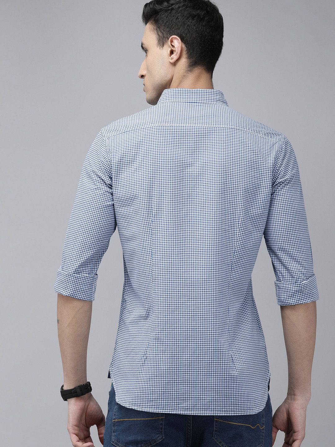 THE BEAR HOUSE Men Blue Pure Cotton Slim Fit Micro Checked Casual Shirt