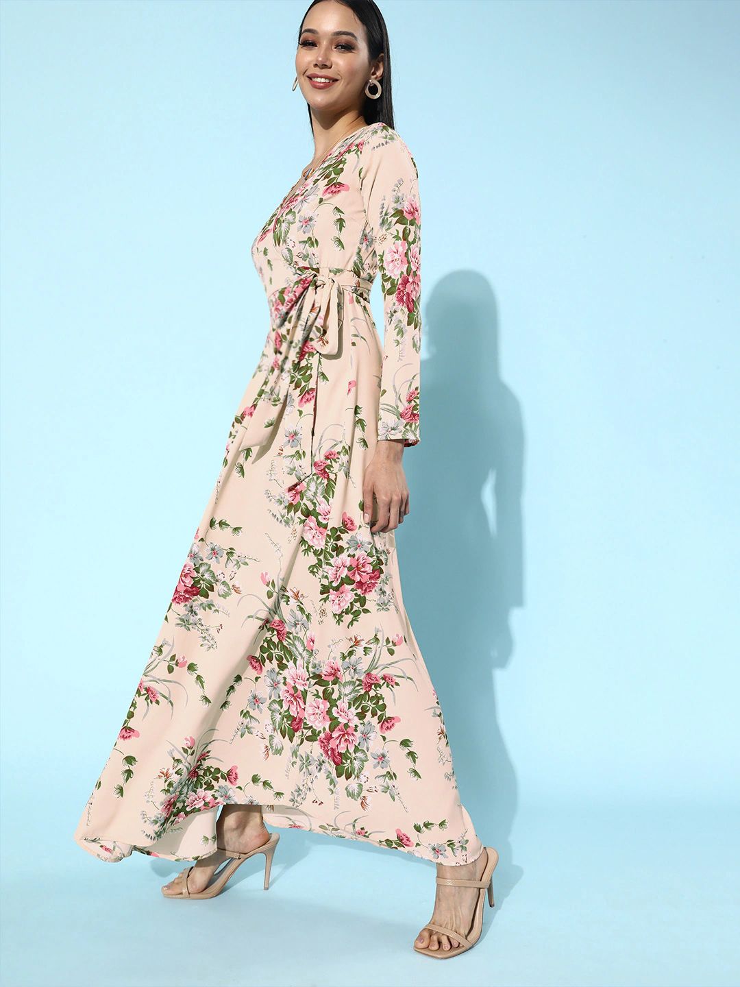 Berrylush Beige Floral Print Wrap Style Maxi Dress