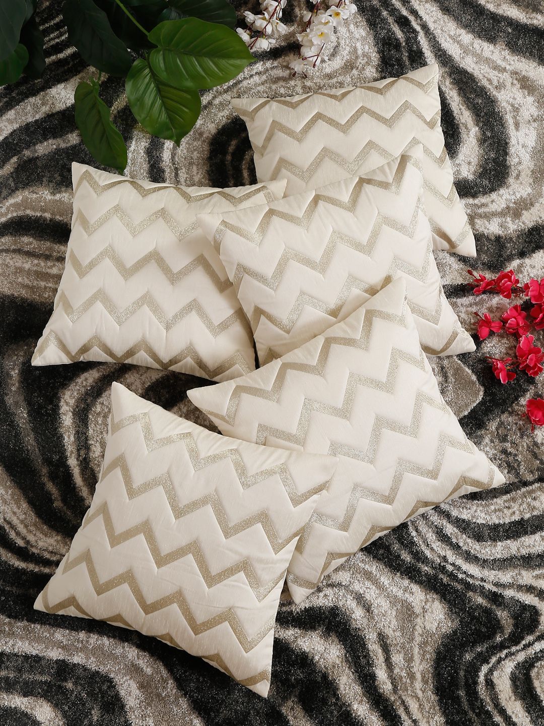 HOSTA HOMES Cream-Coloured & Gold-Toned 5 Pieces Striped Square Cushion Covers
