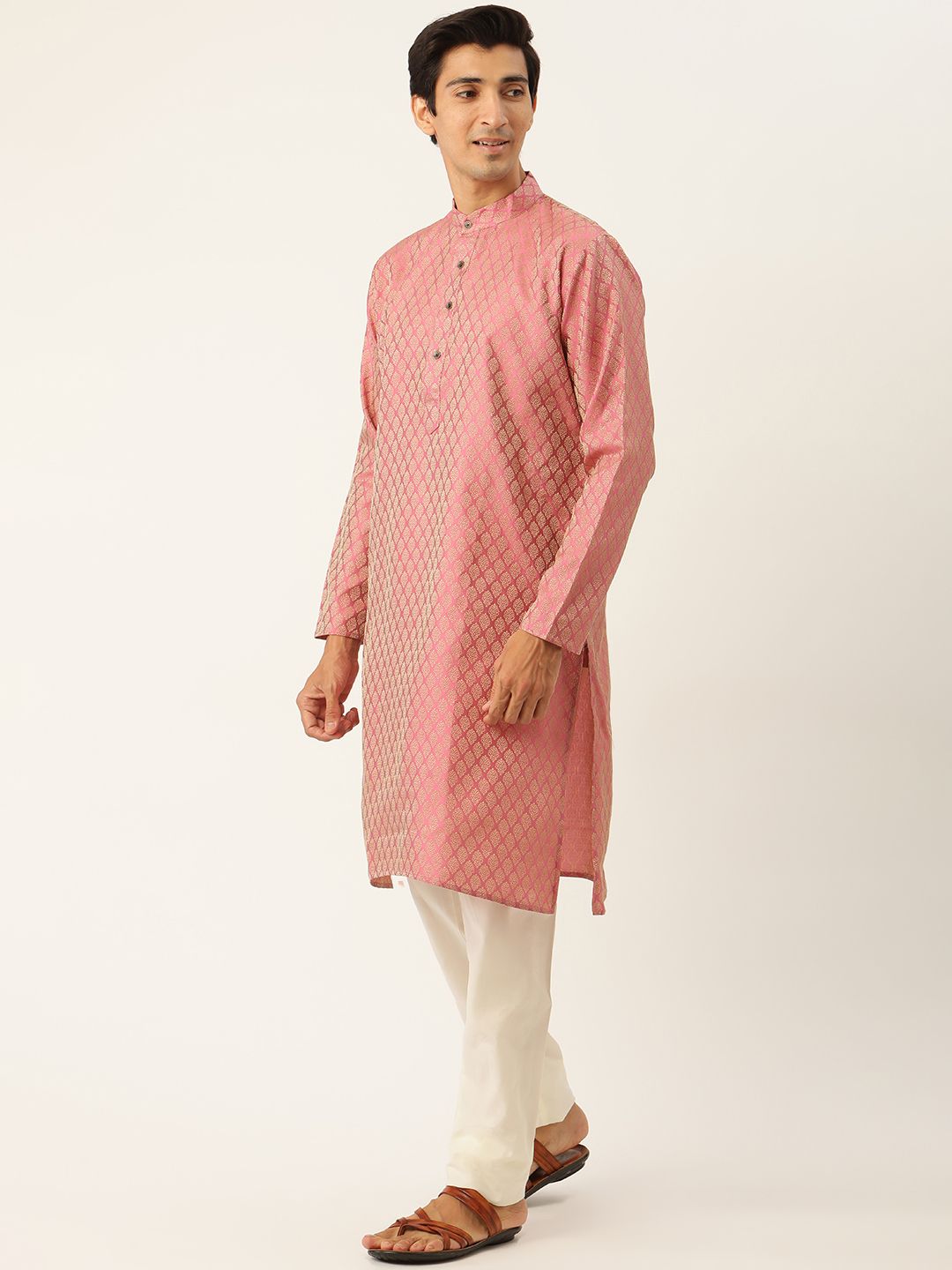 SOJANYA Men Pink Ethnic Motifs Kurta with Churidar & Nehru Jacket