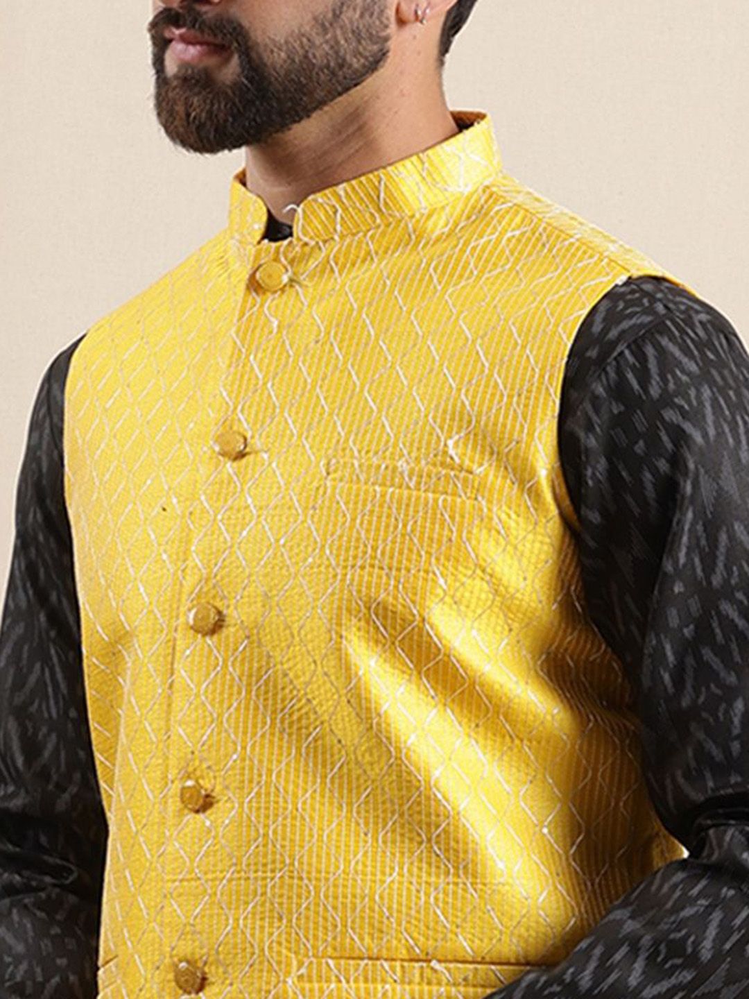 Anouk Geometric Printed Band Collar Straight Kurta With Pyjama And Nehru jacket