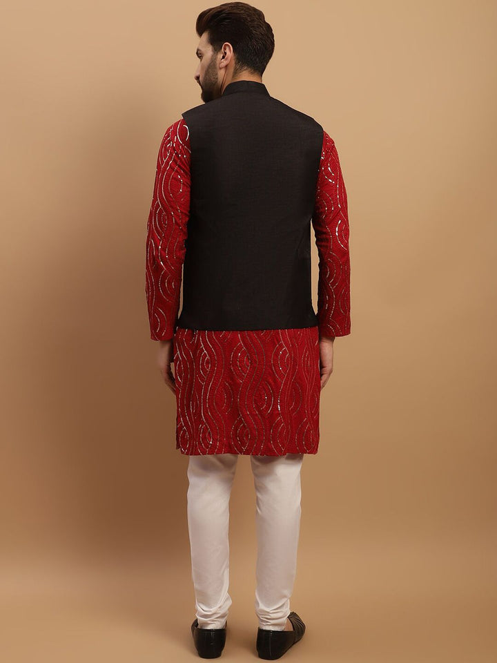 SOJANYA Embroidered Sequinned Pure Cotton Kurta with Churidar & Embellished Nehru Jacket