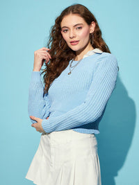 STREET 9 Blue Ribbed Acrylic Crop Pullover Sweater