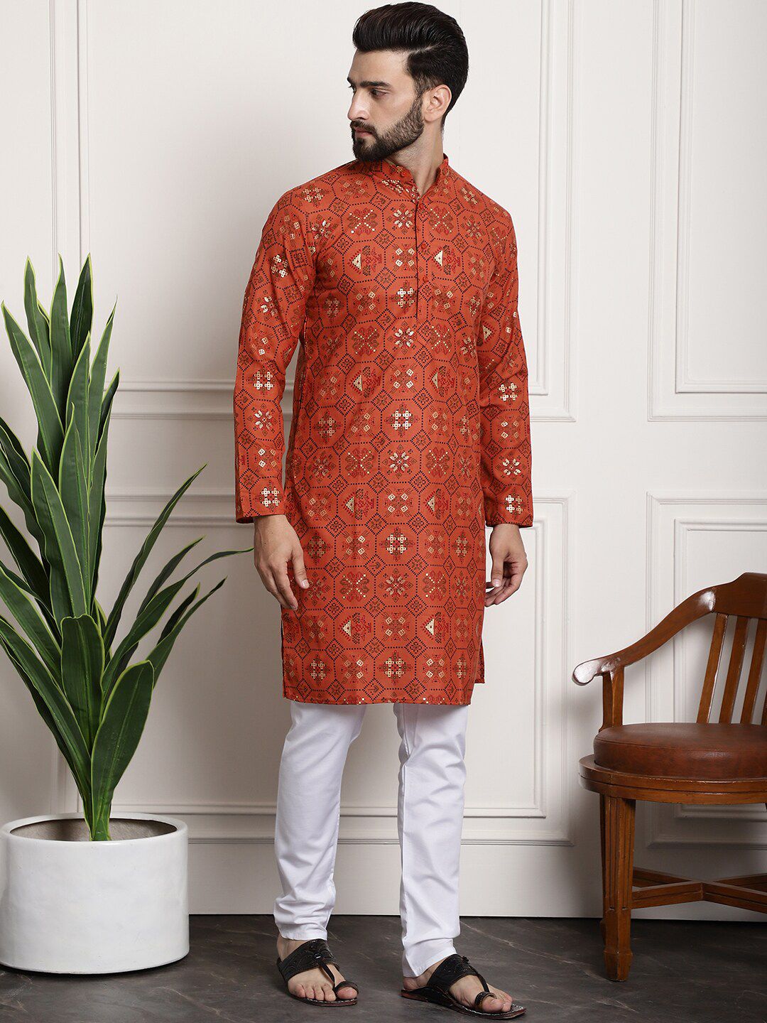 SOJANYA Ethnic Motifs Printed Band Collar Straight Kurta With Churidar