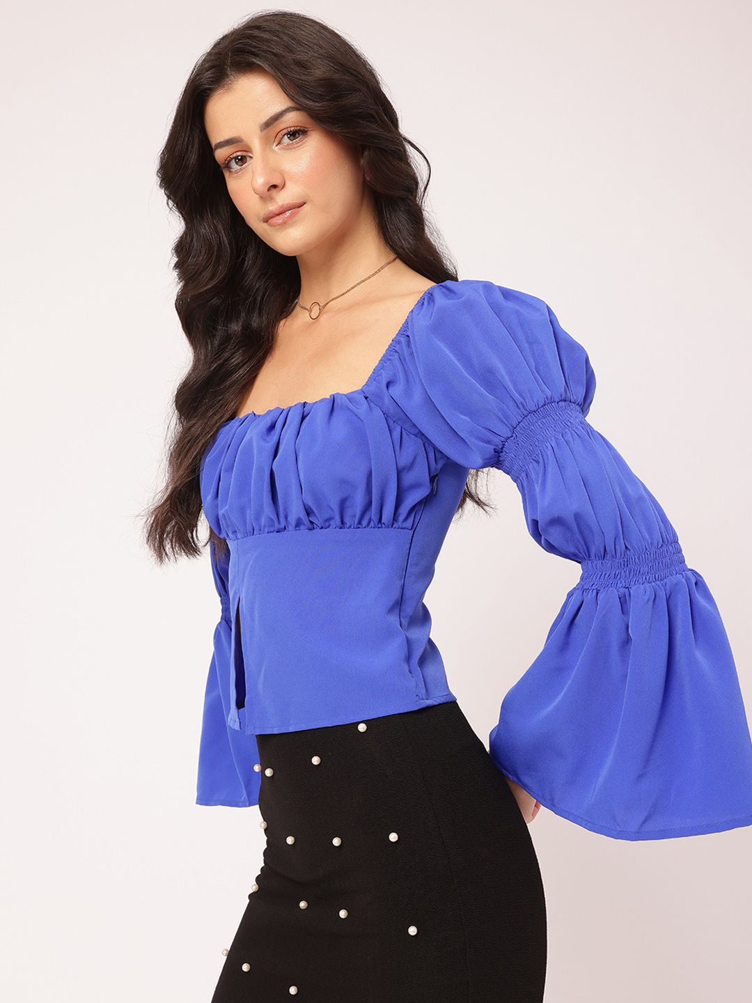 DressBerry Effortless Elegance Ruched Tiered Bell Sleeves Slit Front Empire Top
