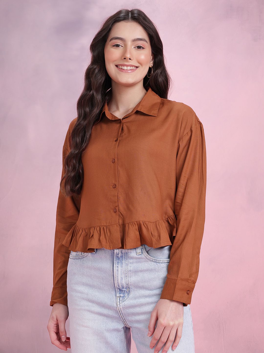 DressBerry Women Ruffled Spread Collar Casual Crop Shirt