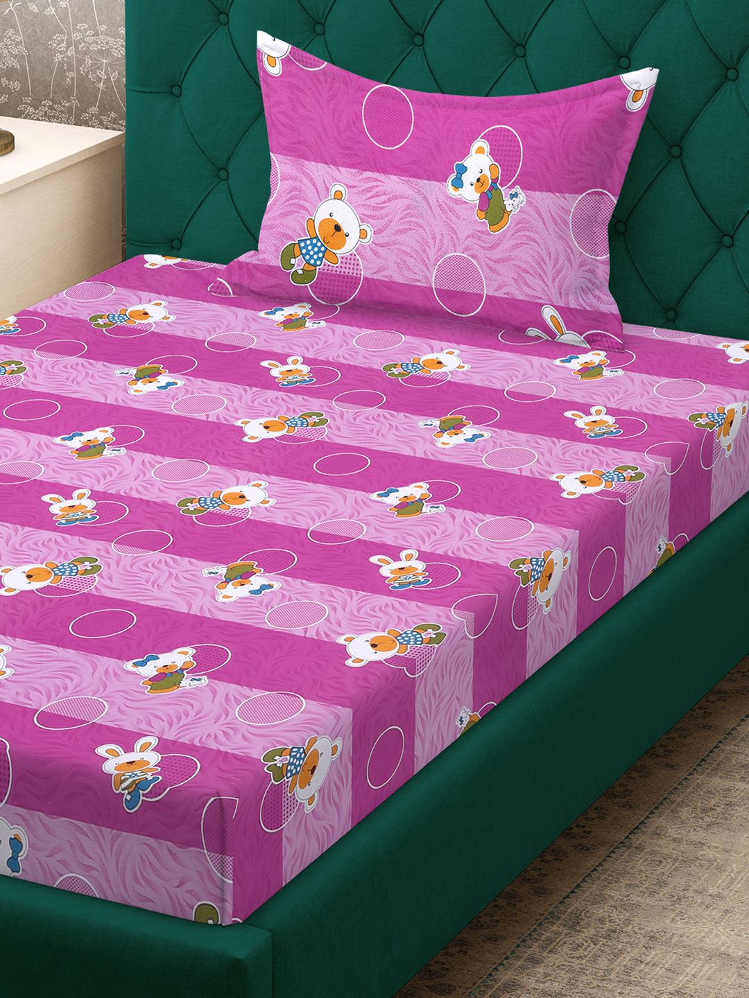 KLOTTHE Purple Conversational Pure Cotton 400 TC Fitted Single Superfine Bedsheet with a Pillow Cover-89 x 59 inches