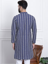 SOJANYA Men Navy Blue & White Ethnic Motifs Embroidered Kurta