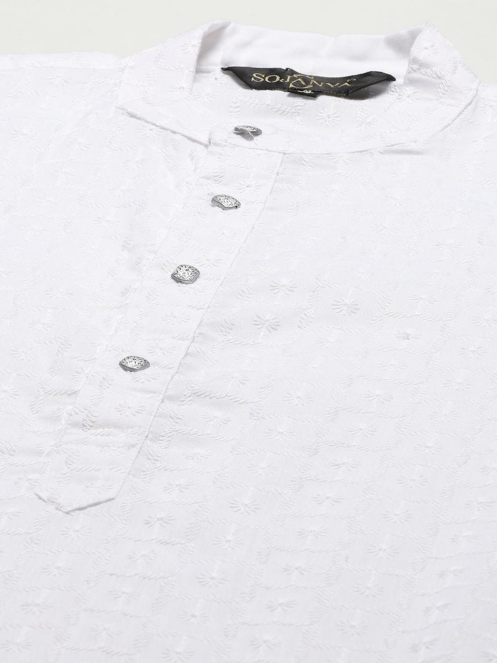 SOJANYA Men White Chikankari Pure Cotton Kurta with Churidar & Nehru Jacket