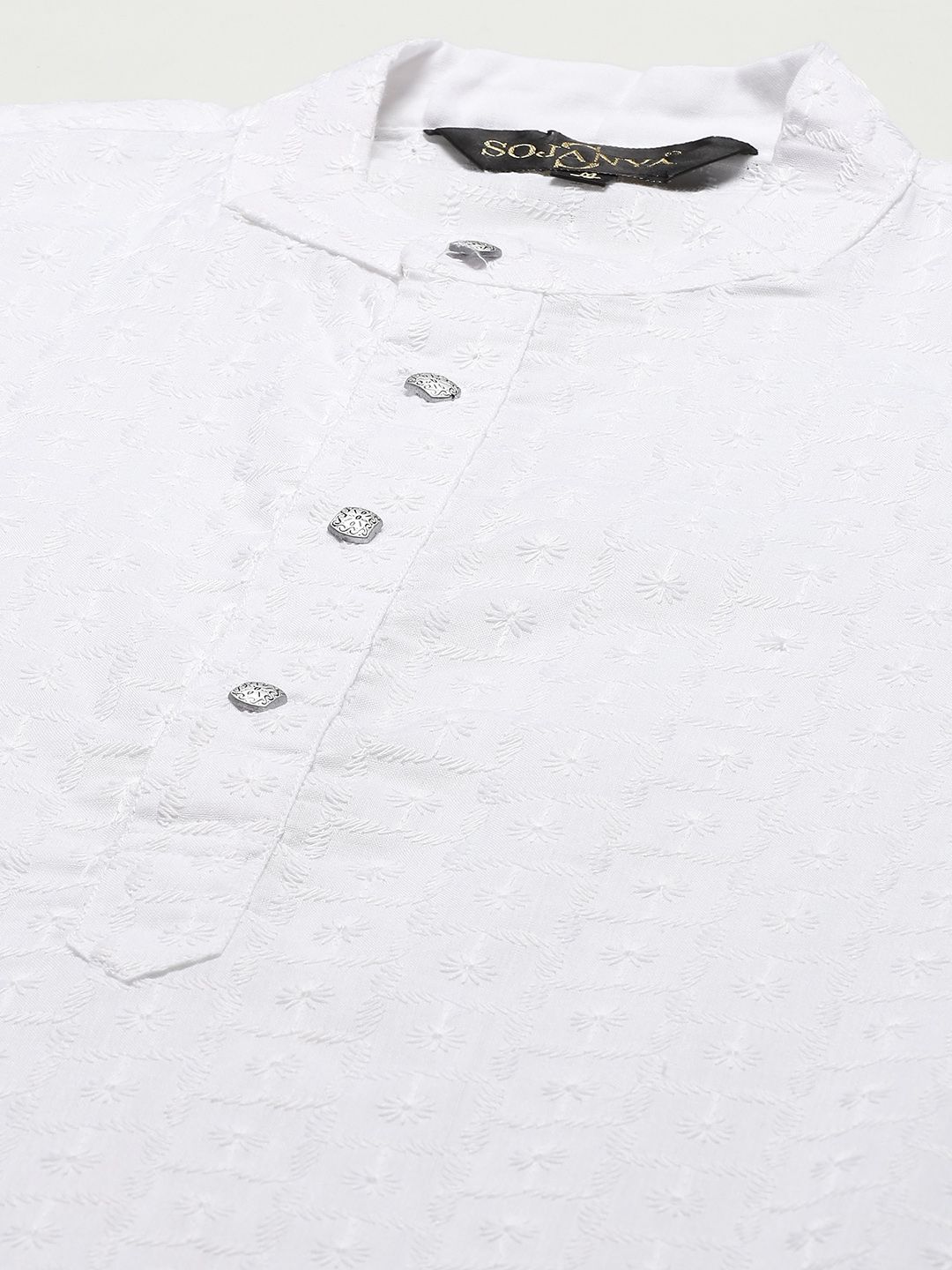 SOJANYA Men White Chikankari Pure Cotton Kurta with Churidar & Nehru Jacket