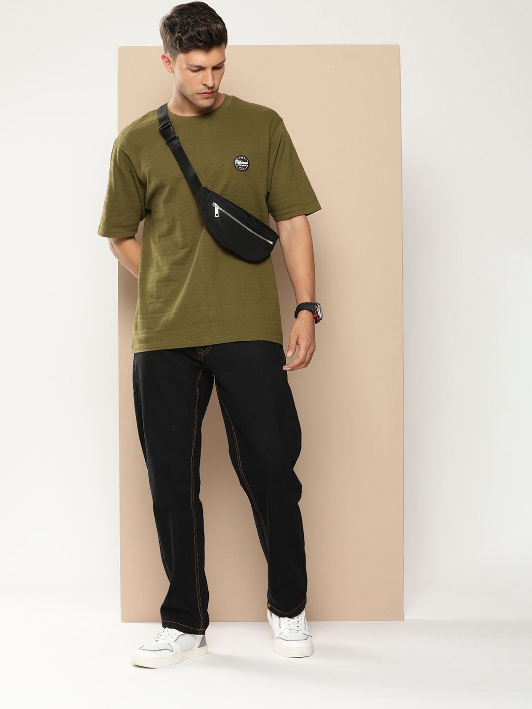 Difference of Opinion Men Olive Green Cotton Drop-Shoulder Oversized Fit T-shirt