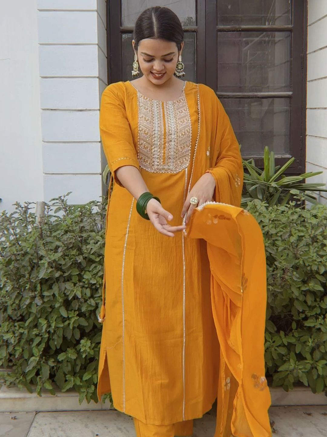 KALINI Ethnic Motifs Embroidered Regular Gotta Patti Kurta with Palazzos & Dupatta