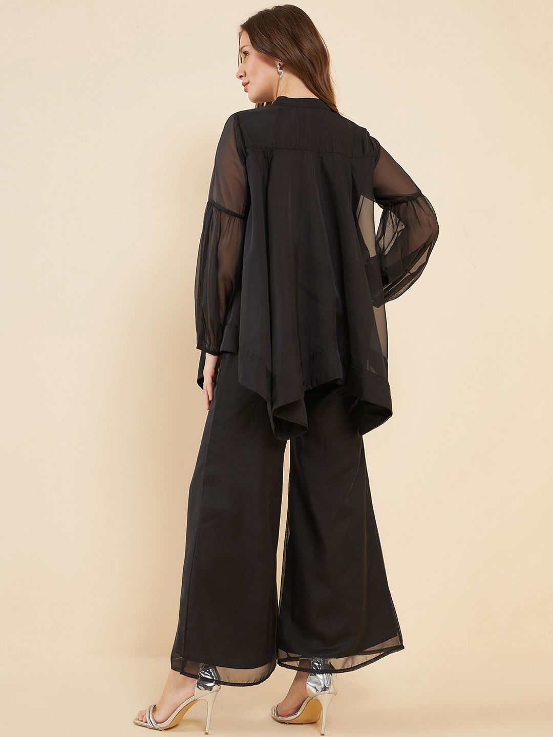Antheaa Black Embellished Mandarin Collar Asymmetric Hem Organza Tunic With Palazzos