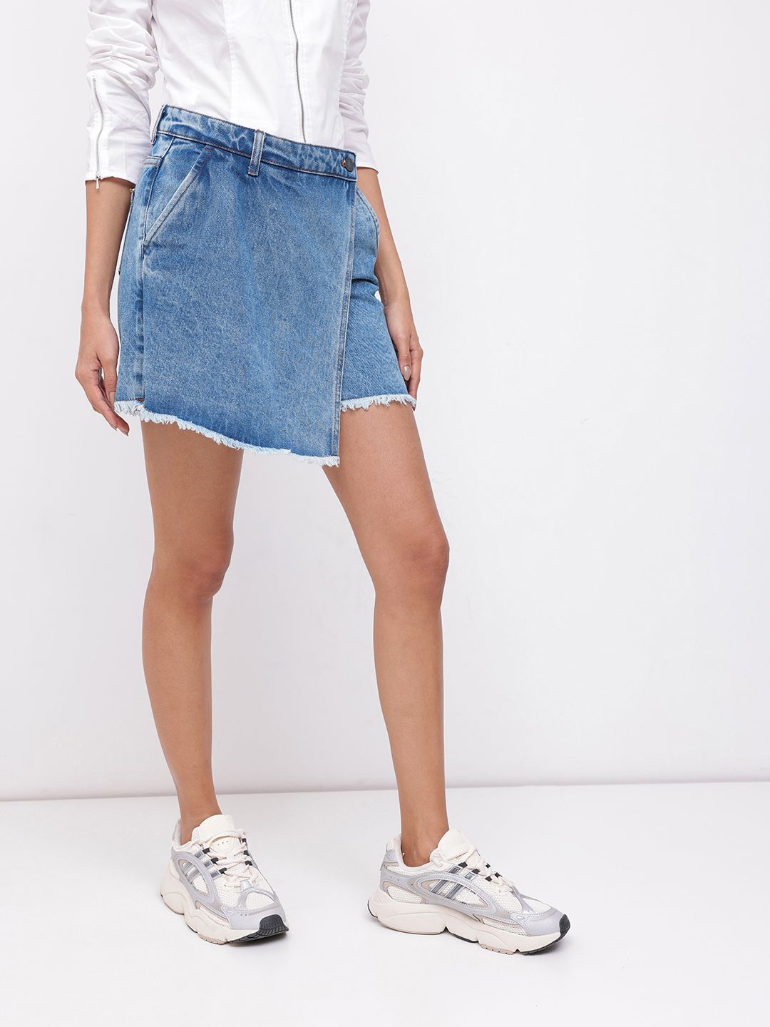 DressBerry Women Classic Wrap Twist Faded Pure Cotton Denim Skorts
