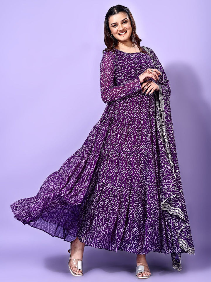 KALINI Bandhani Printed Round Neck Tiered Anarkali Kurta with Pyjama & Dupatta