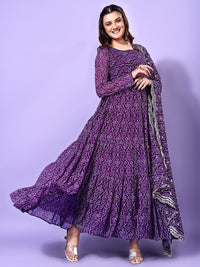 KALINI Bandhani Printed Round Neck Tiered Anarkali Kurta with Pyjama & Dupatta