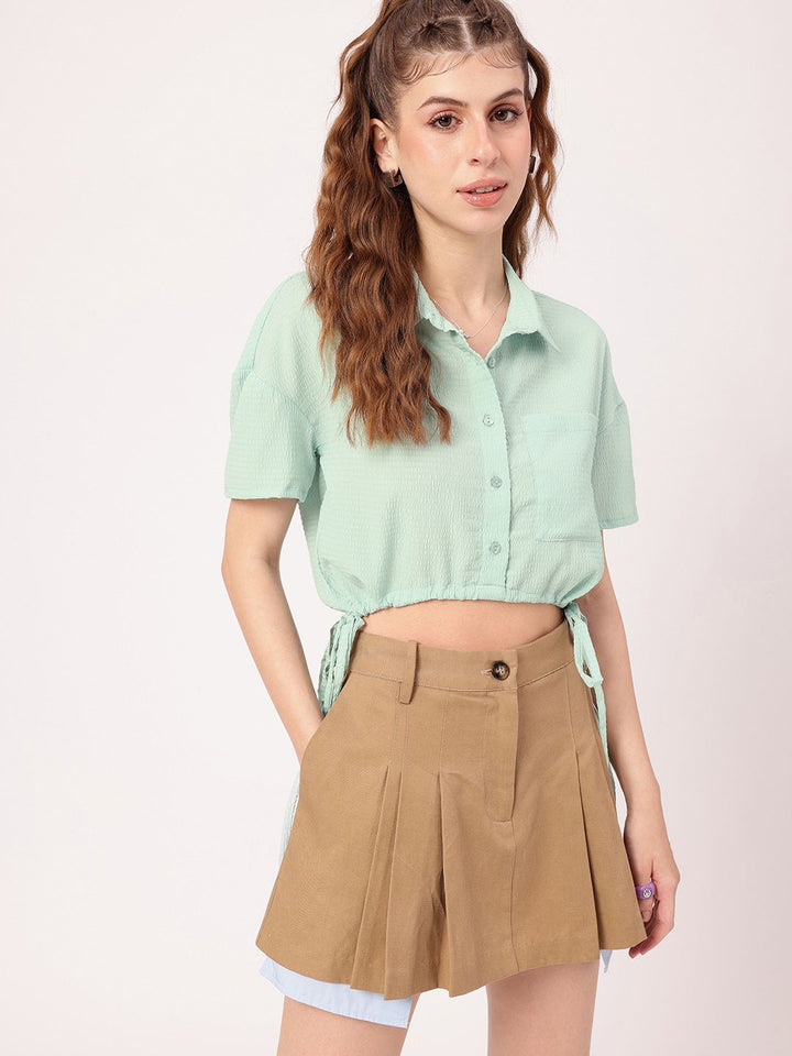 DressBerry Easy Breezy Seersucker Crop Shirt Style Top