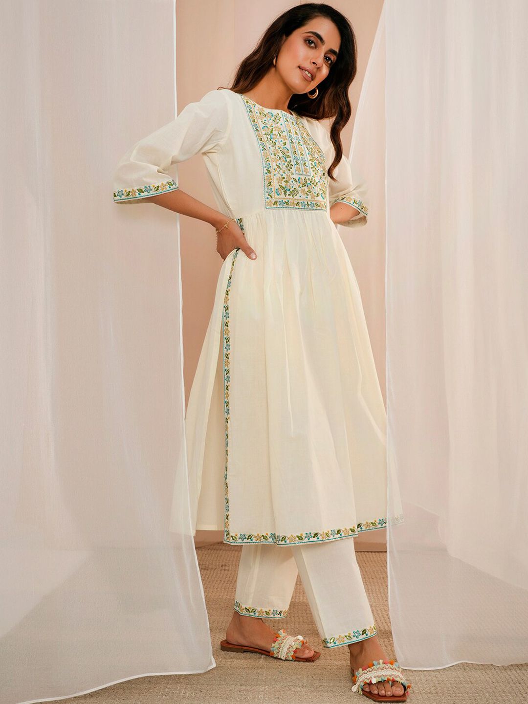 Libas Floral Yoke Design Pleated Thread Work Pure Cotton Kurta With Palazzos & Dupatta