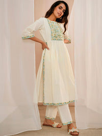 Libas Floral Yoke Design Pleated Thread Work Pure Cotton Kurta With Palazzos & Dupatta