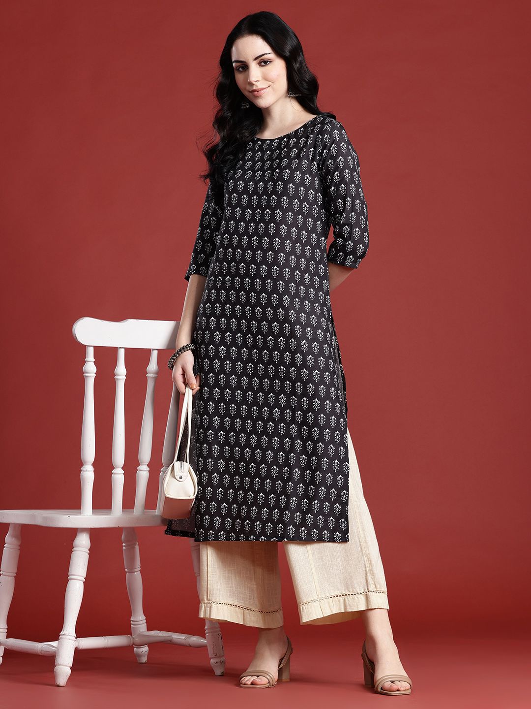 Anouk Ethnic Motifs Printed Boat Neck Straight Kurta