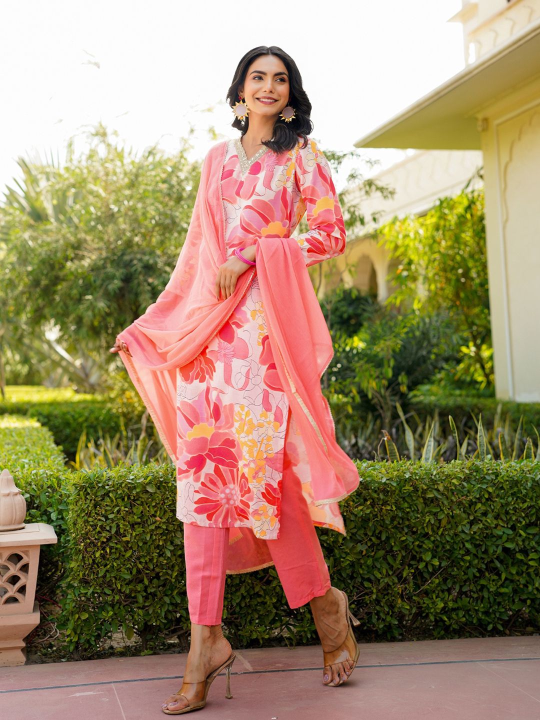 KALINI Floral Printed Regular Cotton Blend Kurta with Trousers With Dupatta
