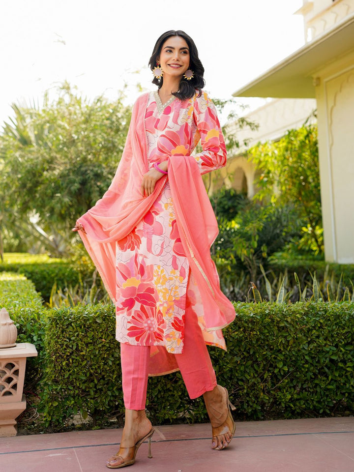 KALINI Floral Printed Regular Cotton Blend Kurta with Trousers With Dupatta