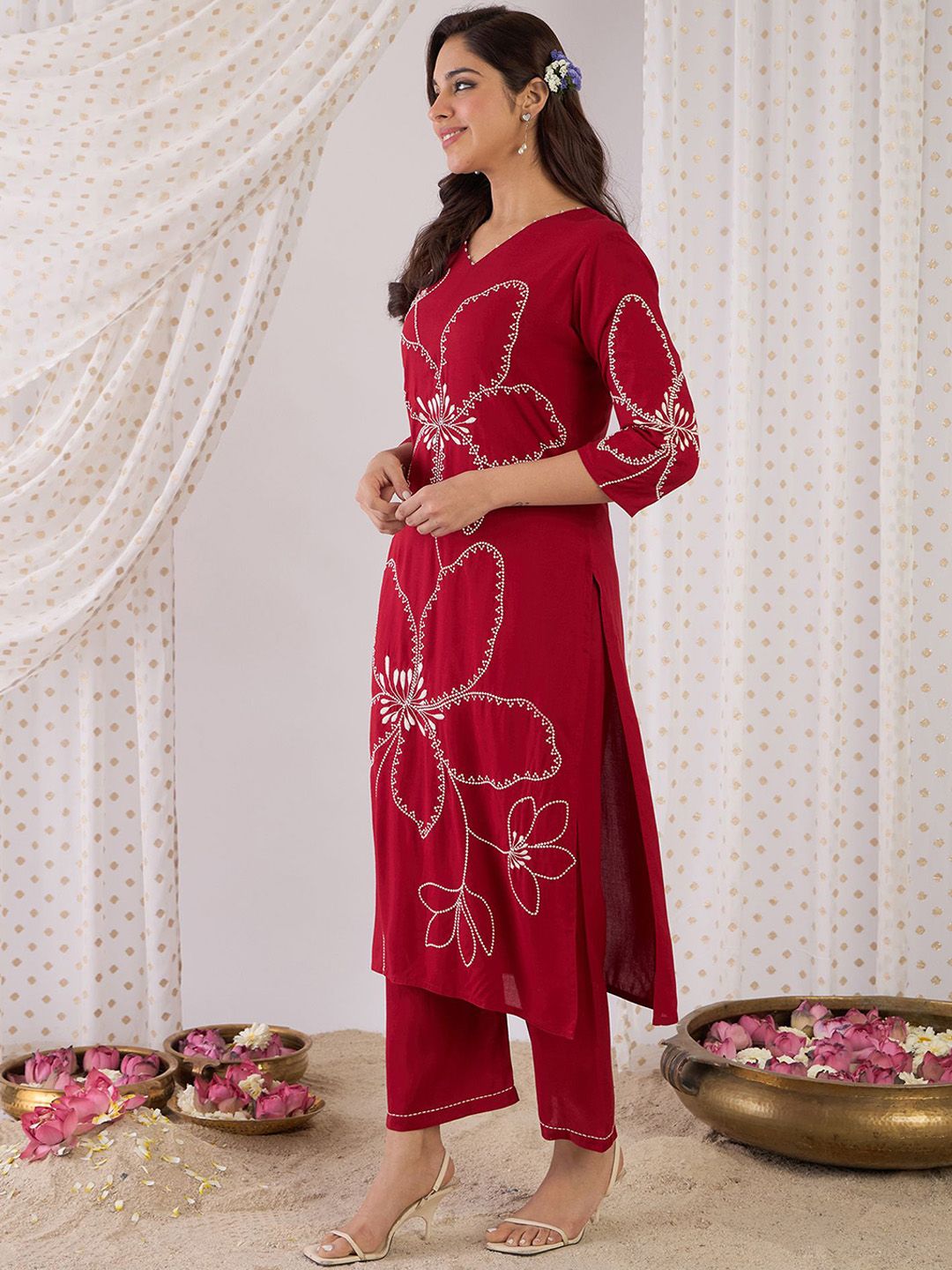 Indo Era Embroidered Three-Quarter Sleeves Tunic With Palazzo