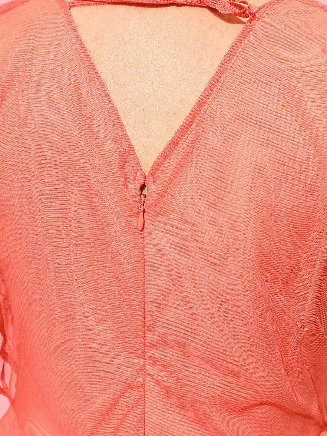 STREET 9 Orange Embellished Extended Sleeves Net Top